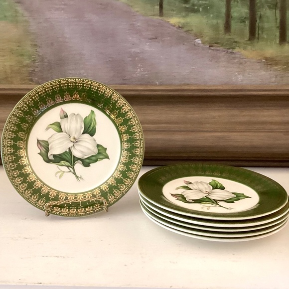 6 bread plates American Limoges L'Triomphe Trillium Forest Green Dinnerware 22K - Picture 3 of 10